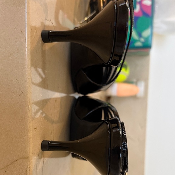 Jeffrey Campbell Black Patent Pointed Slingback Flats with Gold Rings - Picture 2 of 4